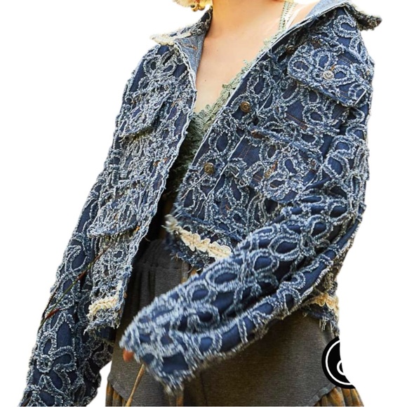 POL / Textured Denim Jacket / Boho Floral Denim Coat - Picture 2 of 3